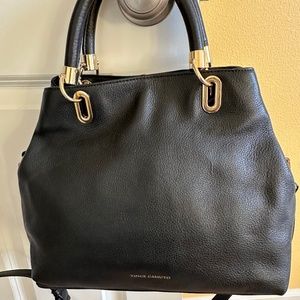 Vince Camuto Black Leather Elva Satchel Bag With Long Stripe For Crossbody Style